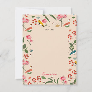 Carte De Remerciements Motif botanique de fleurs et d'oiseaux dessinés à 