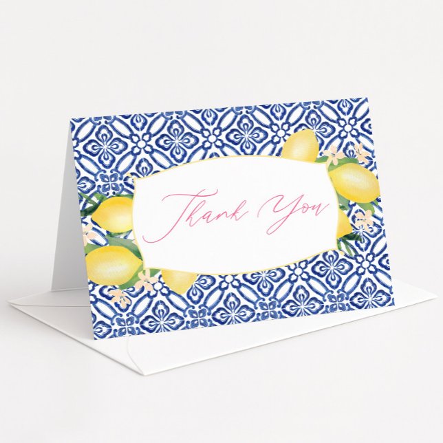 Carte De Remerciements Motif de carreaux blancs bleus de citrons d'aquare (Lemons blue tiles bridal shower thank you card)