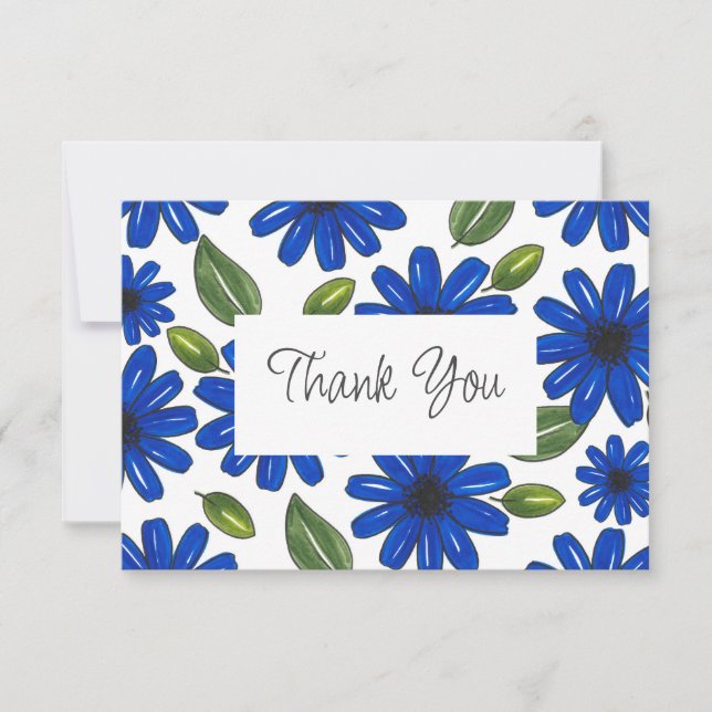 Carte De Remerciements Motif de fleurs bleues dessinées à la main (Devant)