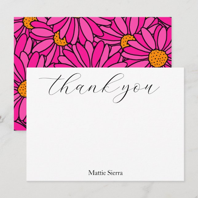 Carte De Remerciements Motif de marguerite rose chaud et orange tiré à la (Devant / Derrière)