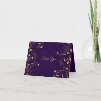 Carte De Remerciements Motif floral doré feuilles mariage moderne violet