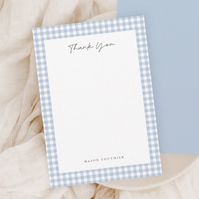 Carte De Remerciements Motif Gingham Bleu (Blue gingham thank you note cards.)