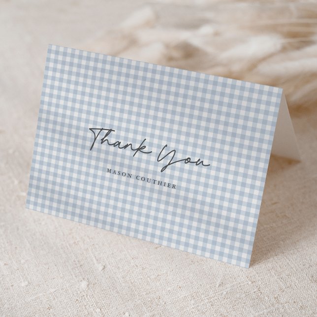 Carte De Remerciements Motif Gingham Bleu Script plié  (Blue Gingham Check Baby Boys Folded Photo Thank You Note Cards.)