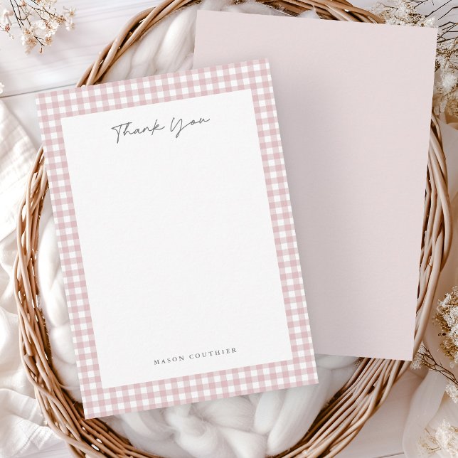 Carte De Remerciements Motif Gingham Rose  (Pink gingham thank you note cards.)