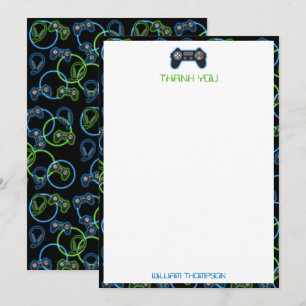 Carte De Remerciements Motif Monogramme Bleu Néon et Vert de Jeu Vidéo