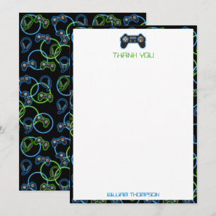 Carte De Remerciements Motif Monogramme de jeu vidéo bleu néon et vert