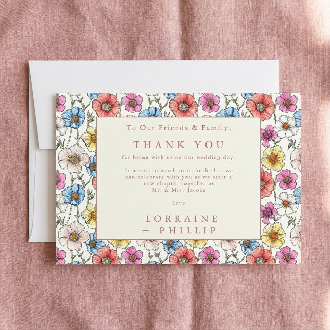 Carte De Remerciements Motif sans couture de fleurs sauvages vibrantes po (Vibrant wild flowers seamless pattern wedding thank you card)
