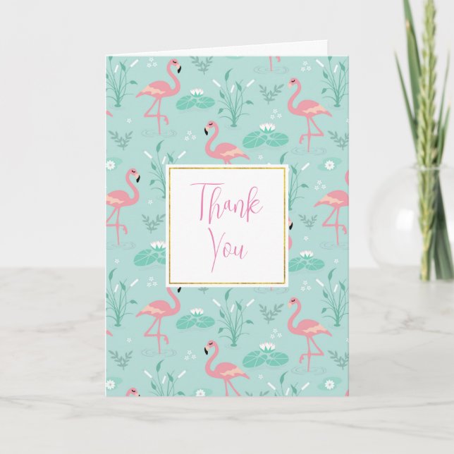 Carte De Remerciements Motif vert Flamants roses rose Pastel (Devant)
