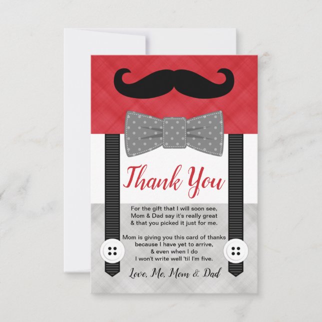 Carte De Remerciements moustache petit homme rouge gris baby shower (Devant)
