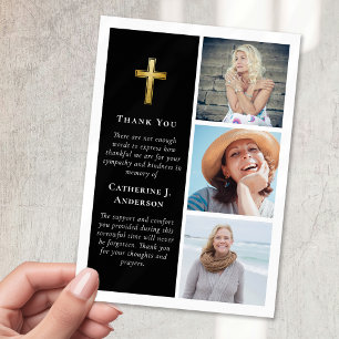 Carte De Remerciements Multi Photo Black Gold Cross Sympathy Funeral