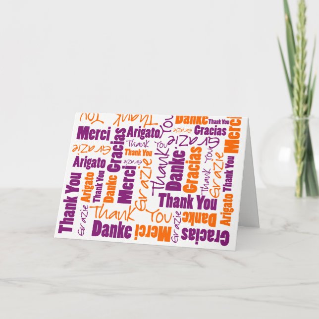 Carte De Remerciements Multilingual Purple Orange Typographie Collage (Devant)