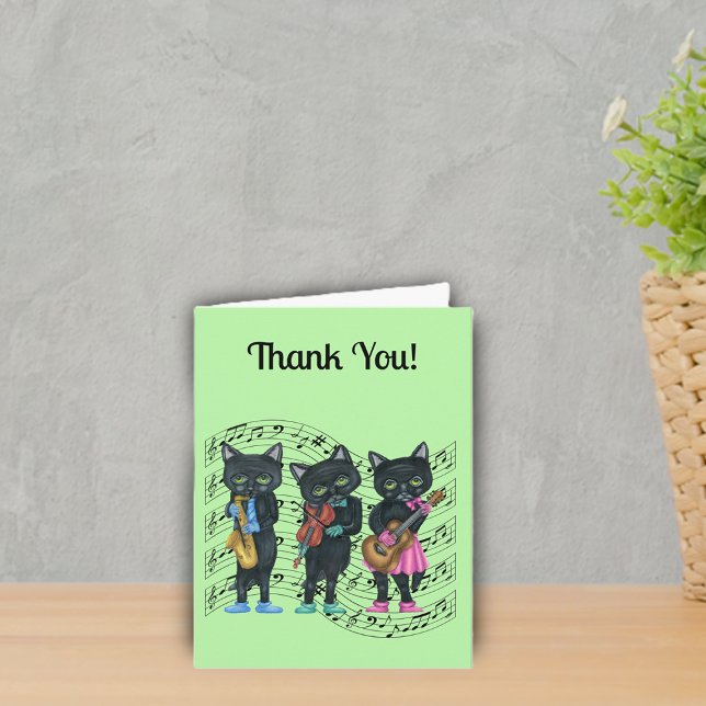 Carte De Remerciements Musical Black Cats Music Notes Instruments Green (Black Cat musicians on sheet music instruments colourful clothes on green Thank You card.)