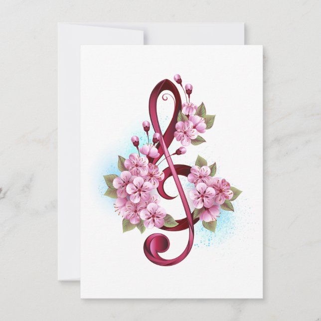 Carte De Remerciements Musical treble clef notes with sakura flowers (Devant)