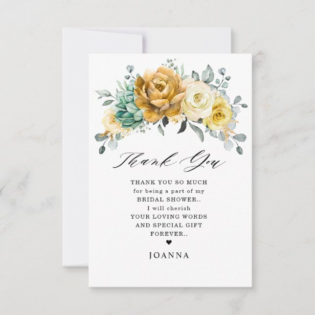 Carte De Remerciements Mustard Jaune Floral Sage Fête des mariées verte (Devant)