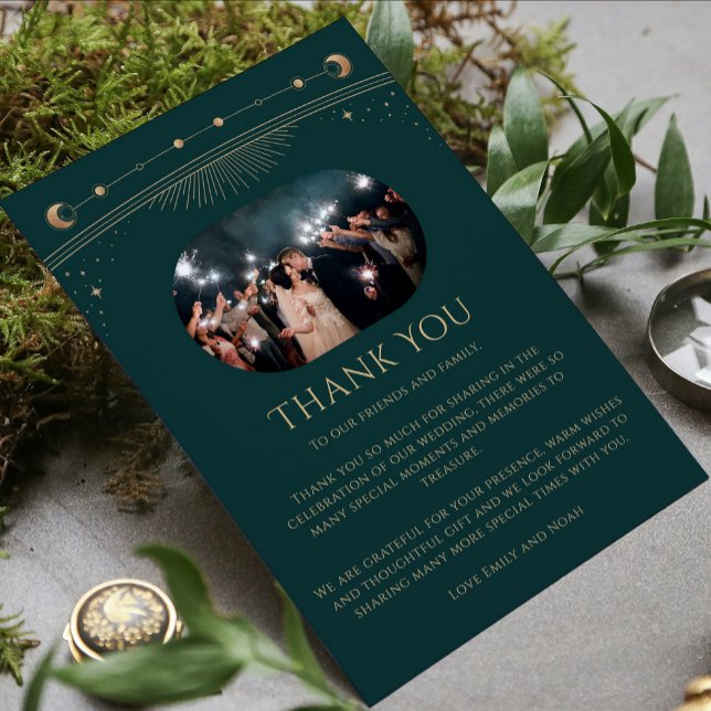 Carte De Remerciements Mystical Green Gold Sun Moon Stars Mariage photo (Créateur téléchargé)