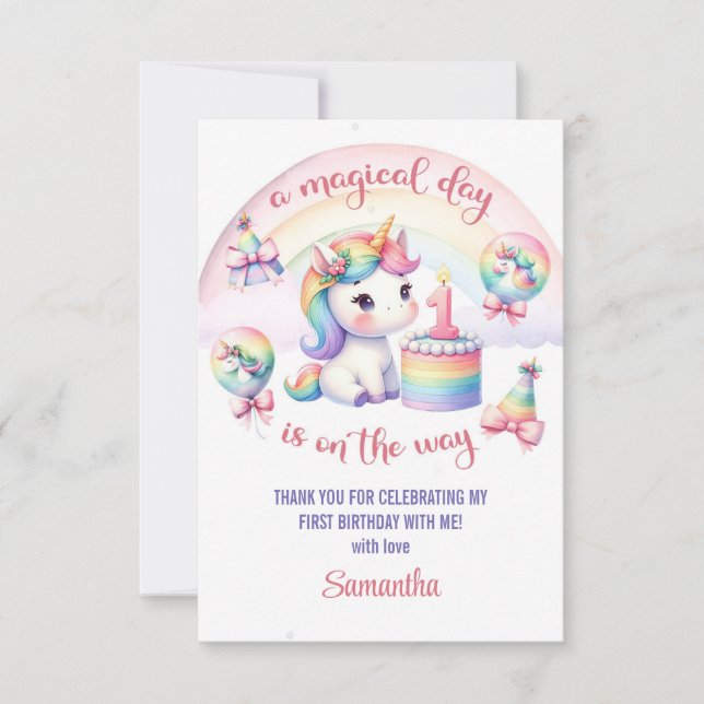Carte De Remerciements Mystical Pastel Unicorn Fille 1er anniversaire (Devant)