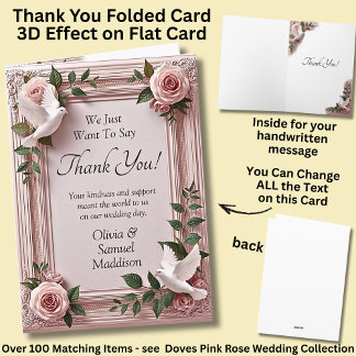 Carte De Remerciements Names & Message on Pink Roses & Doves Wedding