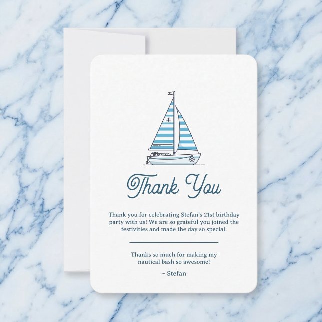 Carte De Remerciements Nautical Blue Sailboat Birthday Thank You Card (A nautical way to say thank you.)
