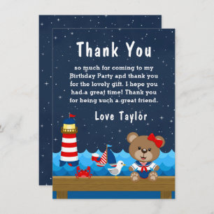 Carte De Remerciements Nautical Girl Bear Rouge et la Marine fête d'anniv