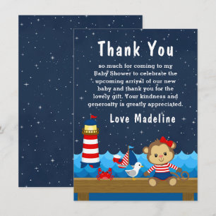 Carte De Remerciements Nautical Girl Monkey Rouge et Baby shower de marin