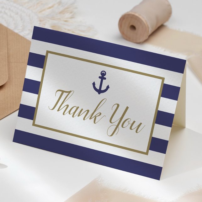 Carte De Remerciements Nautical Navy Blue Stripes Anchor Gold Script (Créateur téléchargé)