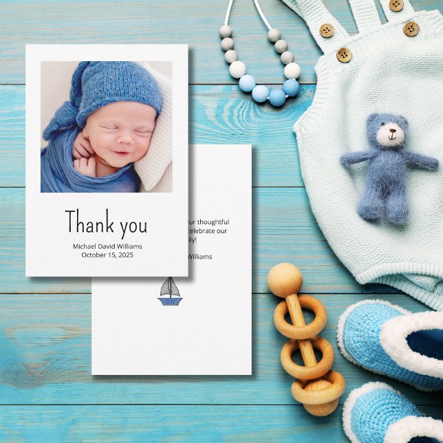 Carte De Remerciements Nautical Sailboat Baby Boy Photo Simple Shower Tha (Créateur téléchargé)
