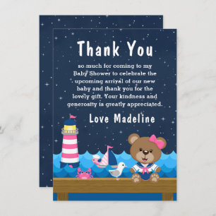 Carte De Remerciements Nautique ours rose et Baby shower de marine