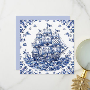 Carte De Remerciements Navire marchand de style Delft bleu blanc