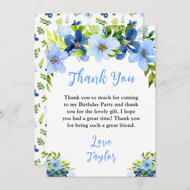Carte De Remerciements Navy and Baby Blue Floral Birthday Party (Devant / Derrière)