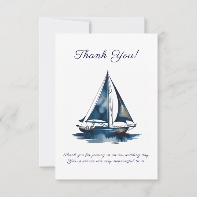 Carte De Remerciements Navy And Gold Sailboat Nautical Wedding (Devant)