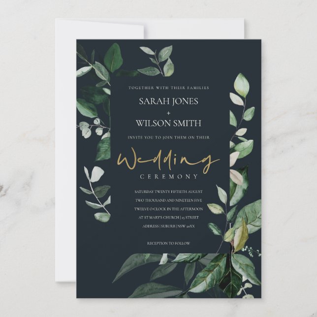 Carte De Remerciements Navy Black Leafy Capsule Foliage Wedding Invite (Devant)