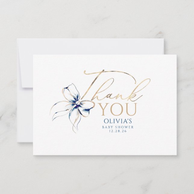 Carte De Remerciements Navy Blue Bow Elegant Calligraphy Thank You (Devant)
