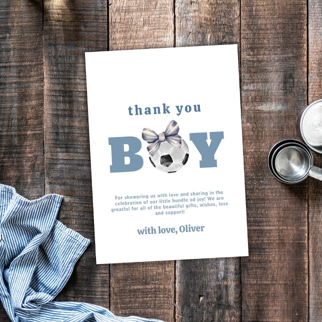 Carte De Remerciements Navy Blue Cute Modern Bow Soccer Boy Baby Shower  (Navy Blue Cute Modern Bow Soccer Boy Baby Shower Thank You Card)