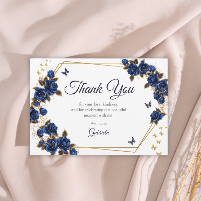 Carte De Remerciements Navy Blue Golden Tiara Roses Butterfly Quinceañera (Créateur téléchargé)
