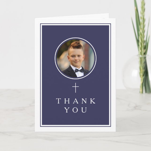 Carte De Remerciements Navy Blue Photo Boy First Communion (Devant)
