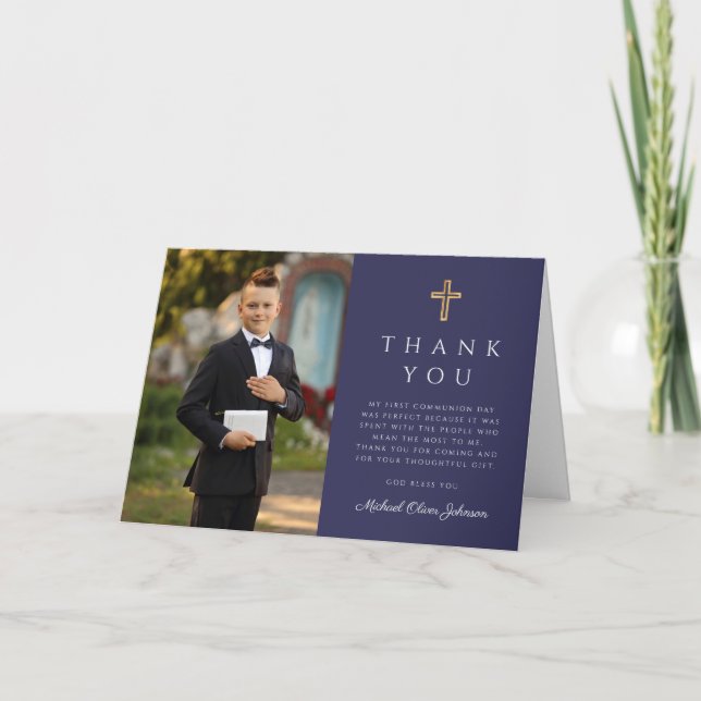 Carte De Remerciements Navy Blue Photo Boy First Communion Folded (Devant)