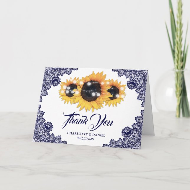 Carte De Remerciements Navy Blue Rustic Floral Lace Sunflower Wedding (Devant)