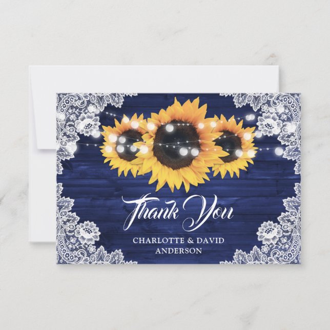 Carte De Remerciements Navy Blue Rustic Wood Sunflower Wedding (Devant)