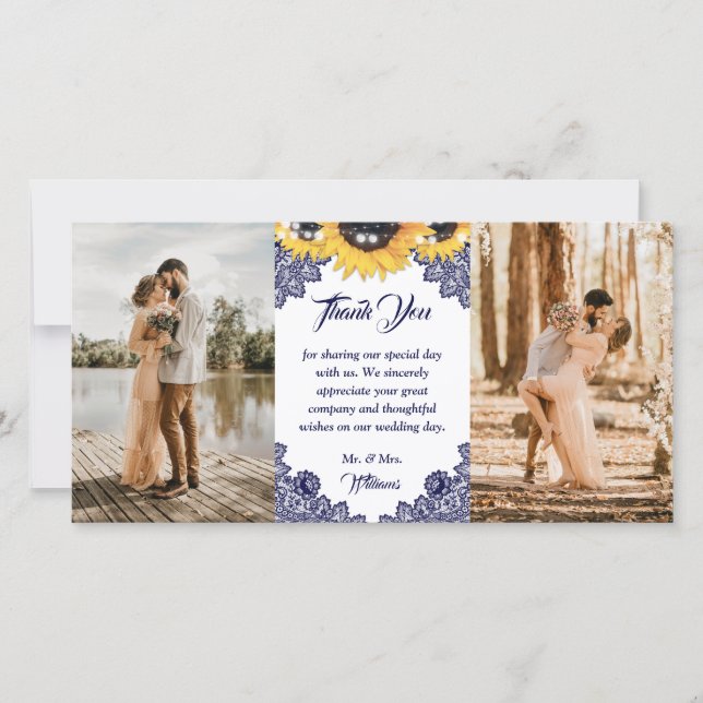 Carte De Remerciements Navy Blue Sunflower Floral Lace Photo Wedding (Devant)