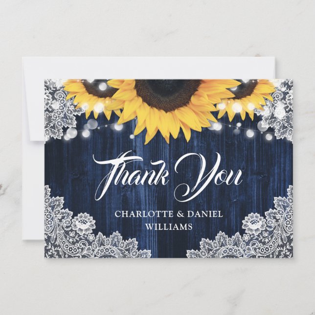 Carte De Remerciements Navy Blue Sunflower Wood Elegant Script Wedding (Devant)