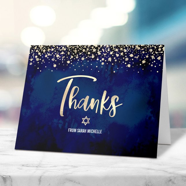 Carte De Remerciements Navy de Bat Mitzvah Doré Pailleté Aluminium Script (Créateur téléchargé)
