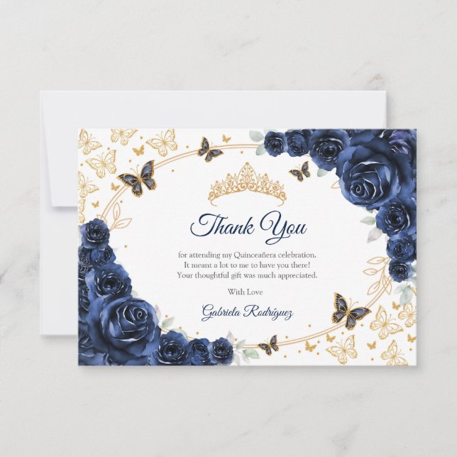 Carte De Remerciements Navy Gold Floral Quinceanera (Devant)