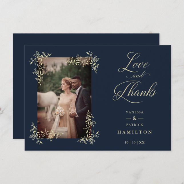 Carte De Remerciements Navy Sophisticated Flourish Photo Wedding Love and (Devant / Derrière)