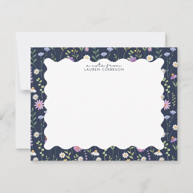 Carte De Remerciements Navy Wildflower Wavy Frame Note Card (Devant)