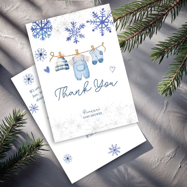 Carte De Remerciements Neige amoureuse Flammes de neige baby shower d'hiv (Snow in love cute blue snowflakes baby clothes line winter baby shower thank you cards)