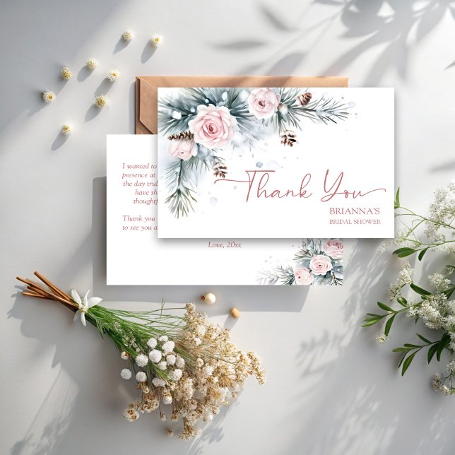 Carte De Remerciements Neige en amour douche de mariée hivernale pins enn (Snow in love winter bridal shower snowy pines blush pink roses thank you cards)