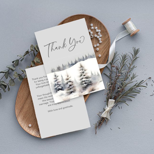 Carte De Remerciements Neige en amour forêt de pins en hiver Baby Shower (Snow in love winter pine forest bridal shower thank you card dusty sage green pastel grey watercolor)