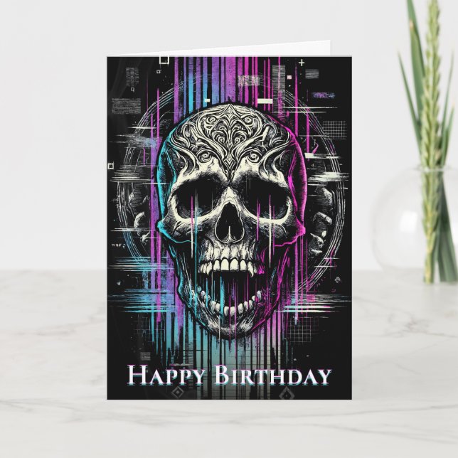 Carte De Remerciements Neon Digital Decay Gothique Cyber Skull (Devant)