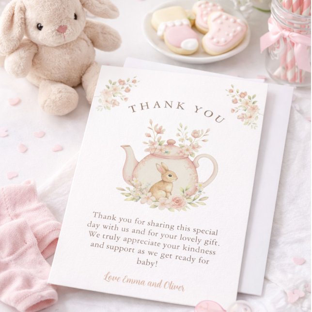 Carte De Remerciements Neutral Bunny & Floral Teapot Baby Shower  (Créateur téléchargé)