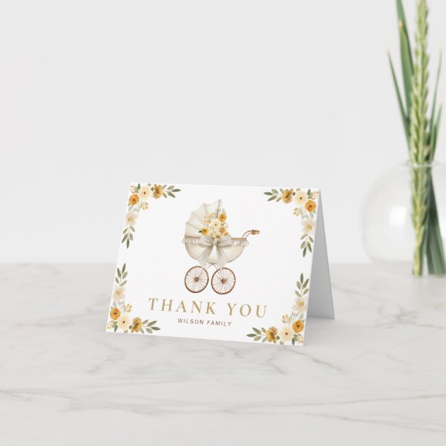 Carte De Remerciements Neutral Floral Carriage Baby Shower Thank You (Devant)